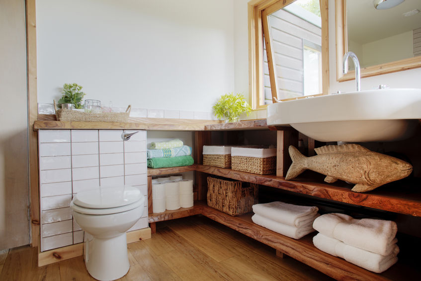 built in bathroom shelving organization